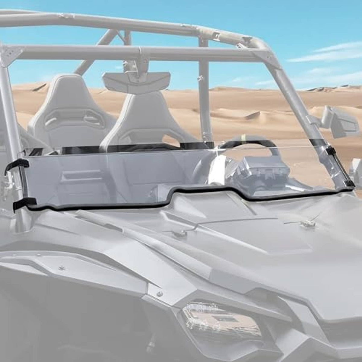 Clear front half UTV windshield panel with mounting hardware and bracket