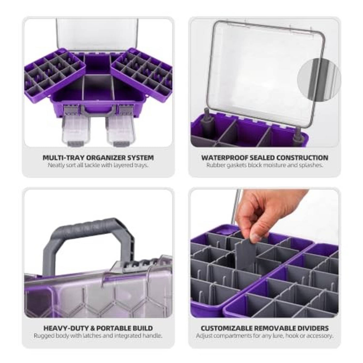 Purple tackle box with clear lid, multi-tray organizer system, and customizable removable dividers