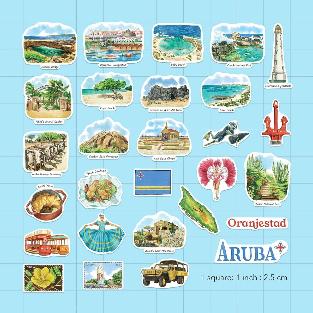 Assorted Aruba watercolor stickers sheet with landscape views, cactus, marine life, flag