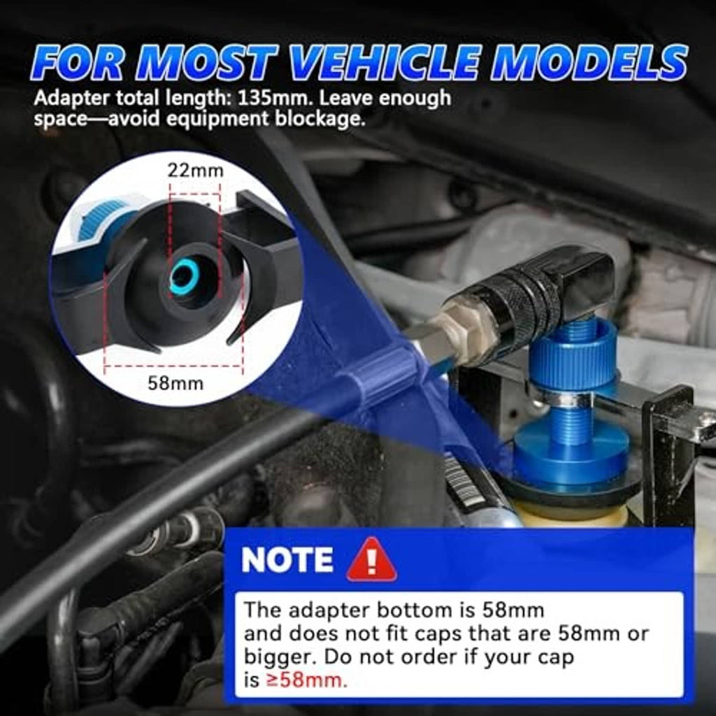 Universal brake bleeder adapter installed on vehicle engine bay with blue mounting fitting