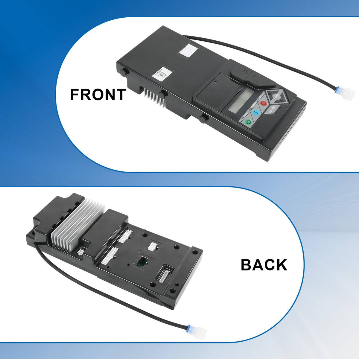 Black controller assembly showing front and back terminals with attached cable