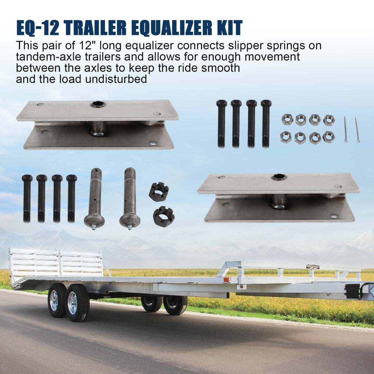 Trailer equalizer kit with two metal equalizers, bolts, nuts, and pins for slipper springs