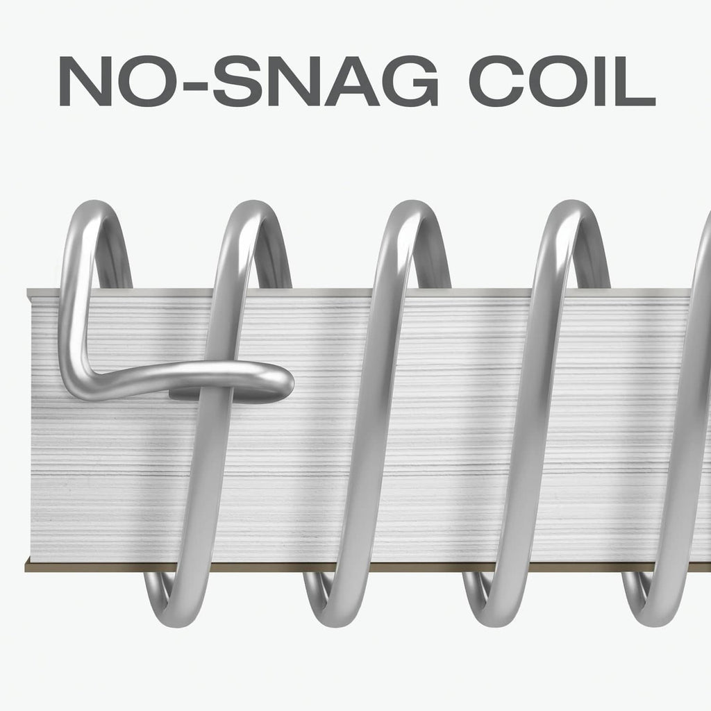 No-snags spiral coil with smooth metal loops over ruled notebook paper