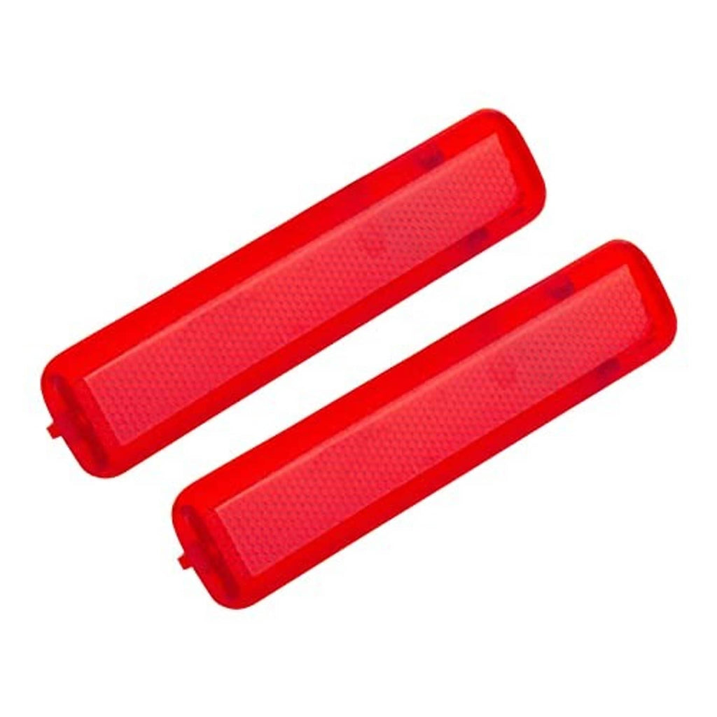 Pair of red door reflector panels with textured lens and side mounting tabs