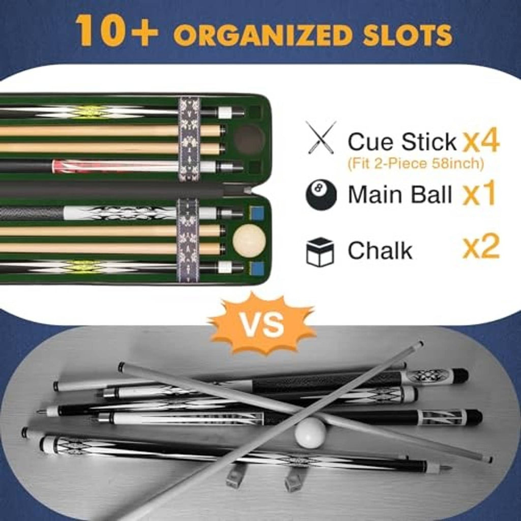 Black hard shell pool cue case with multiple cue-stick slots and divider padding