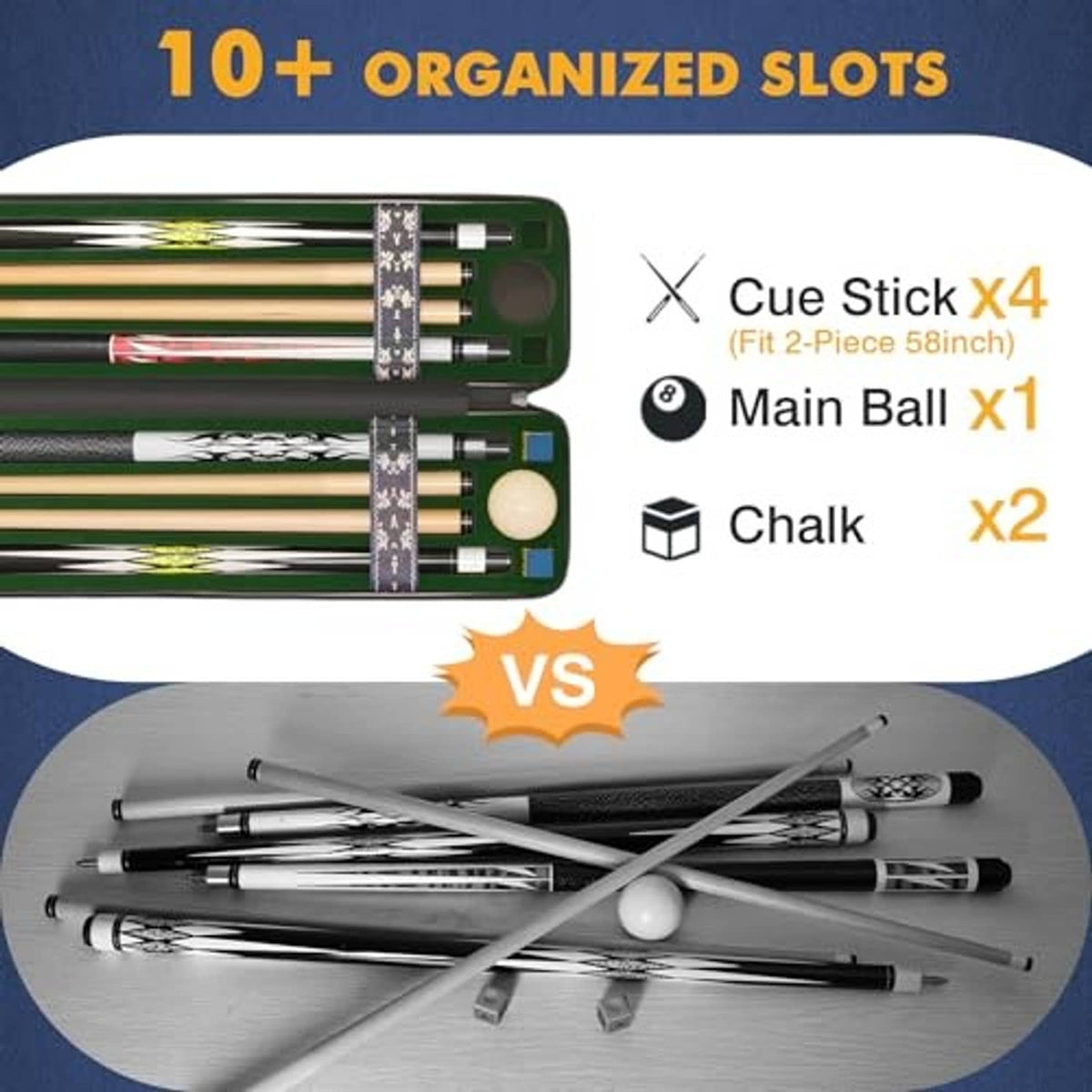 Black hard shell pool cue case with multiple cue-stick slots and divider padding