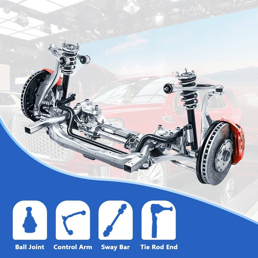 Vehicle suspension undercarriage with control arms, ball joints, and tie rod ends