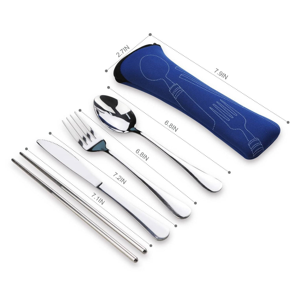 5-piece stainless steel utensil set with blue fabric sleeve case and size markings