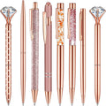 Rose gold ballpoint pen set of 8 with jeweled caps and glitter barrels