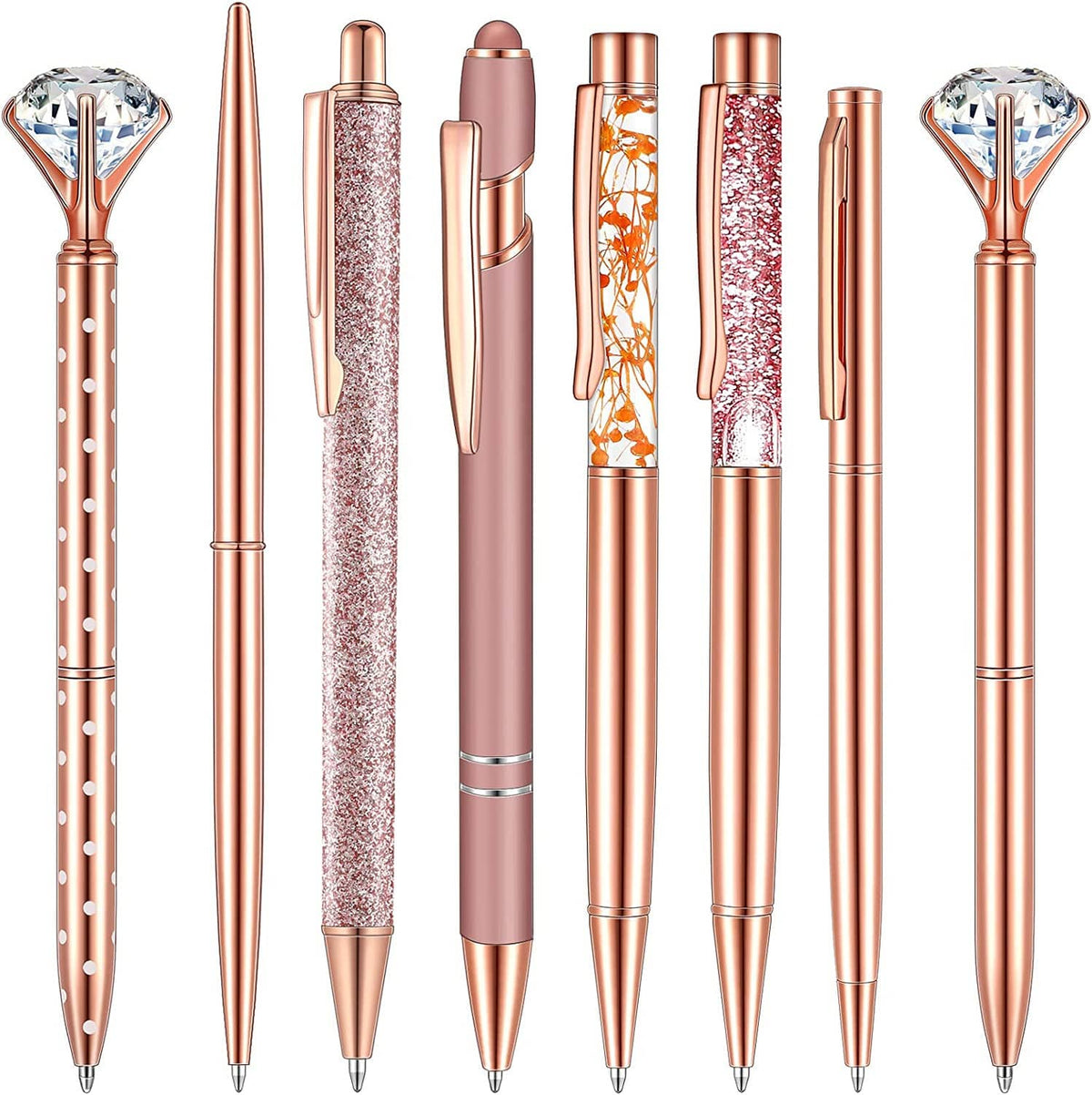 Rose gold ballpoint pen set of 8 with jeweled caps and glitter barrels