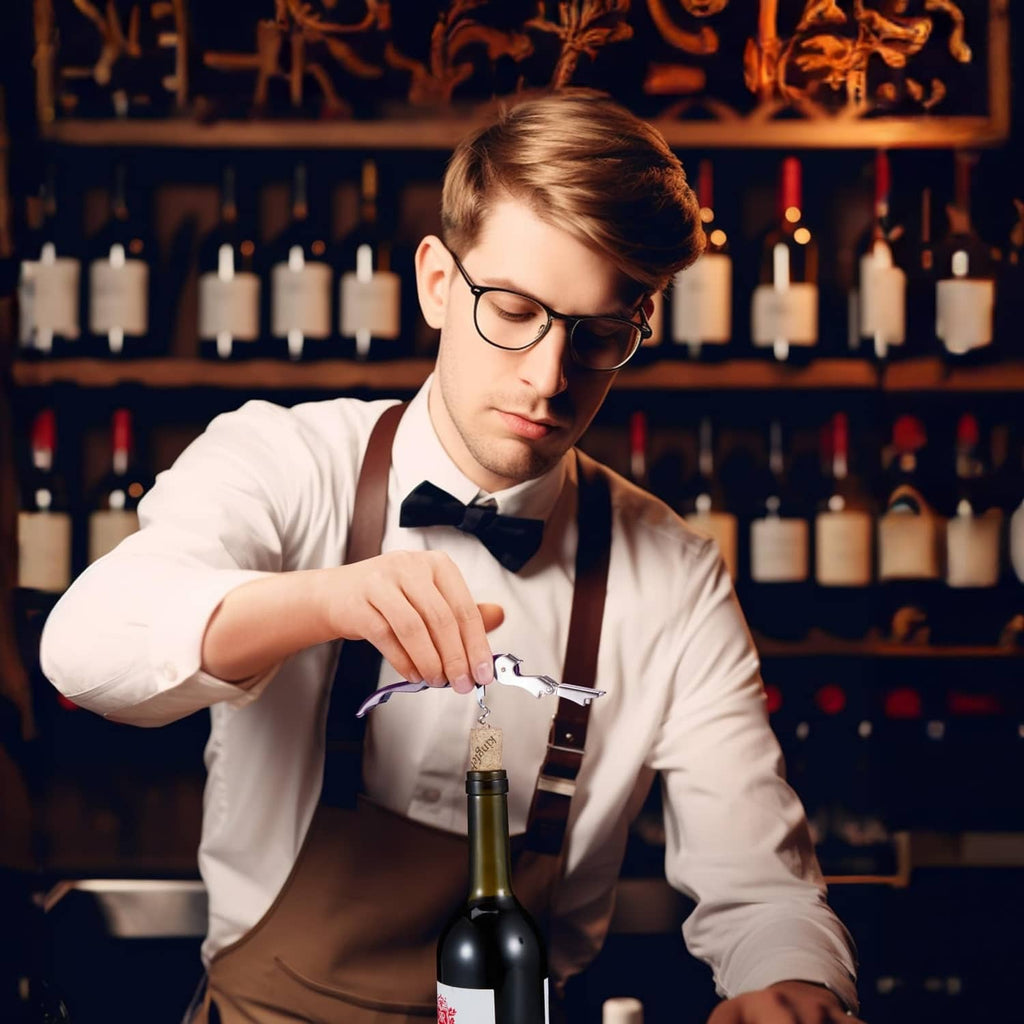 Plum waiter corkscrew key poised on a wine bottle cork