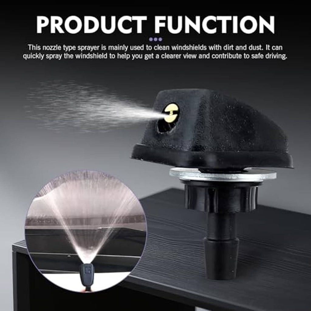 Black windshield washer nozzle with gold insert spraying a fine mist stream