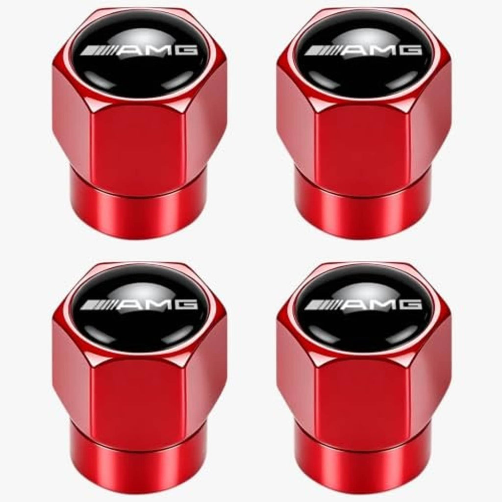 Set of red metal tire valve stem caps with black AMG logo oval insert