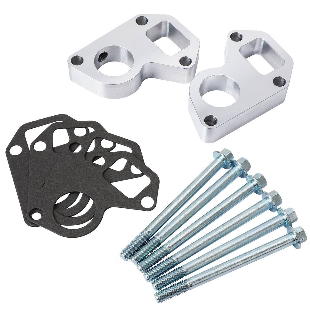 Water pump spacer adapter kit with two silver spacers, gaskets and mounting bolts