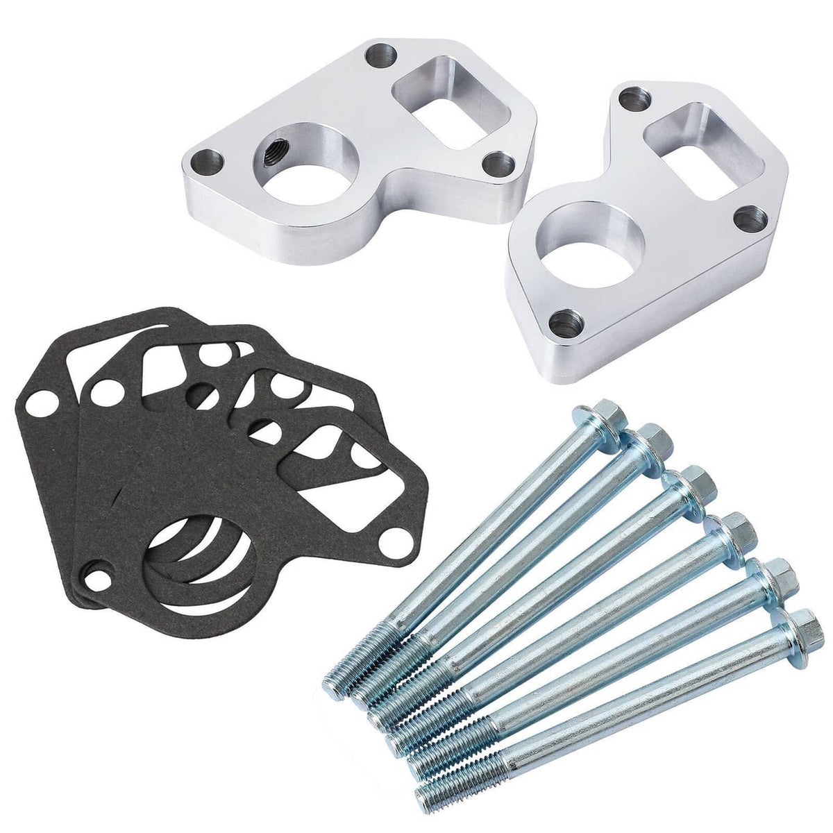Water pump spacer adapter kit with two silver spacers, gaskets and mounting bolts