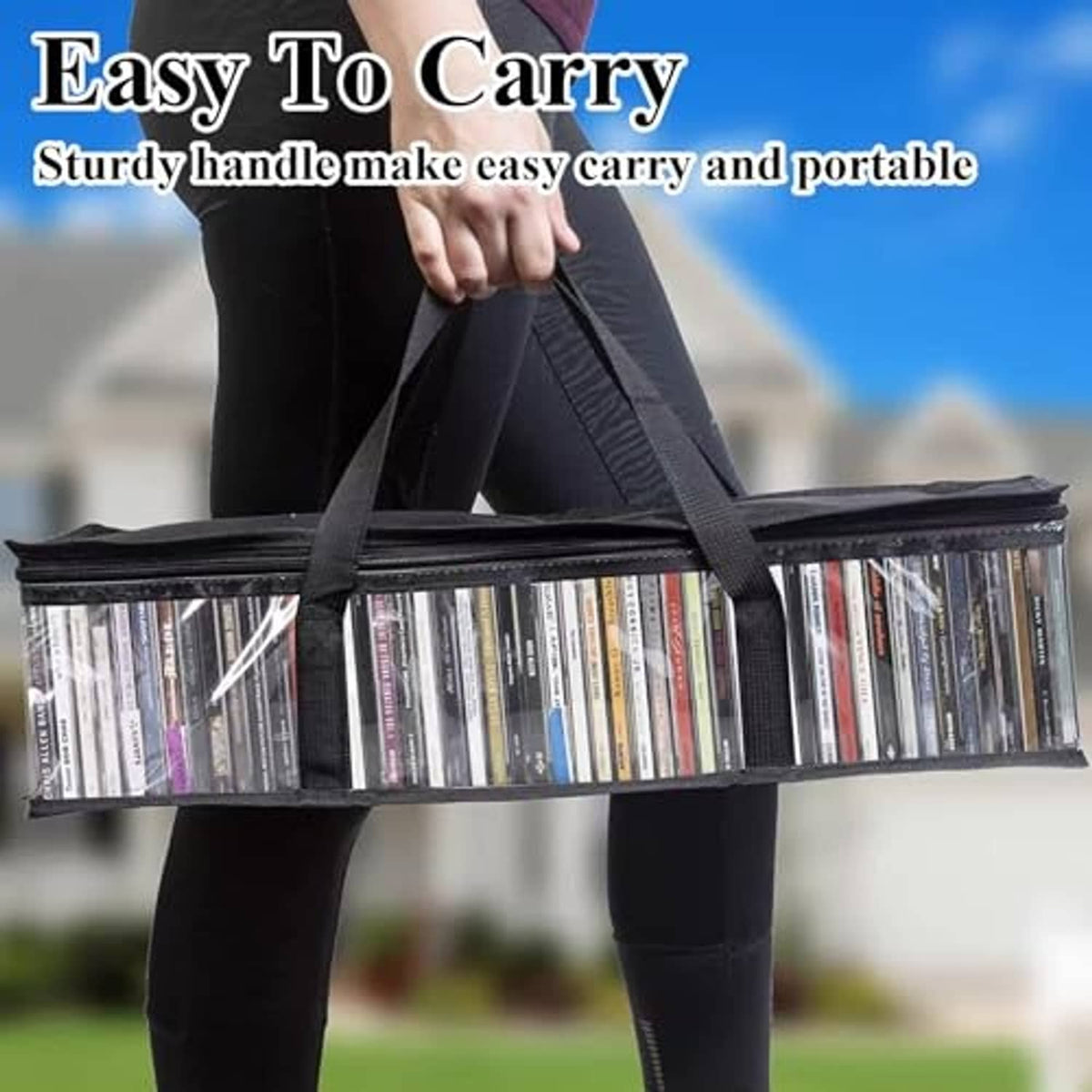 Clear PVC DVD storage bag with black carrying handles and front window