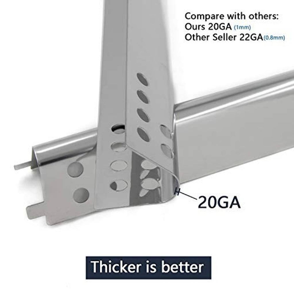 Stainless steel burner tube mounting bracket with perforations and gauge thickness detail