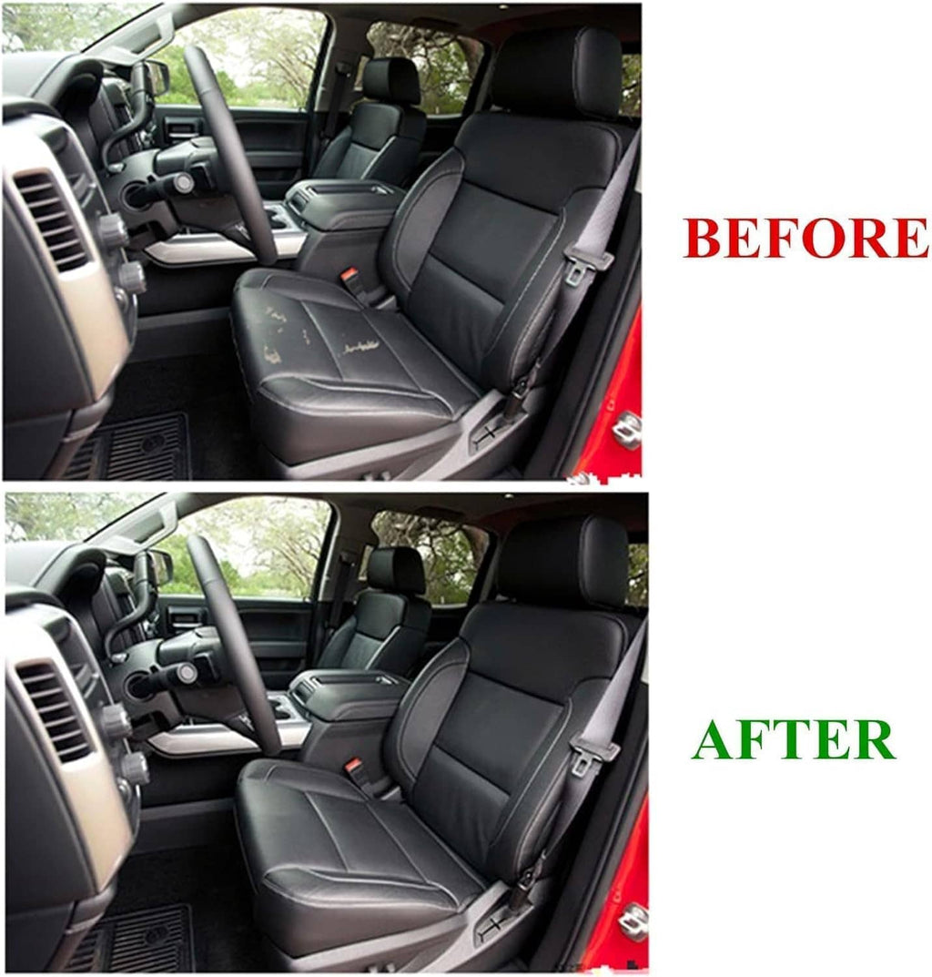 Black perforated leather seat cover bottom installed on front seat, with white stitching