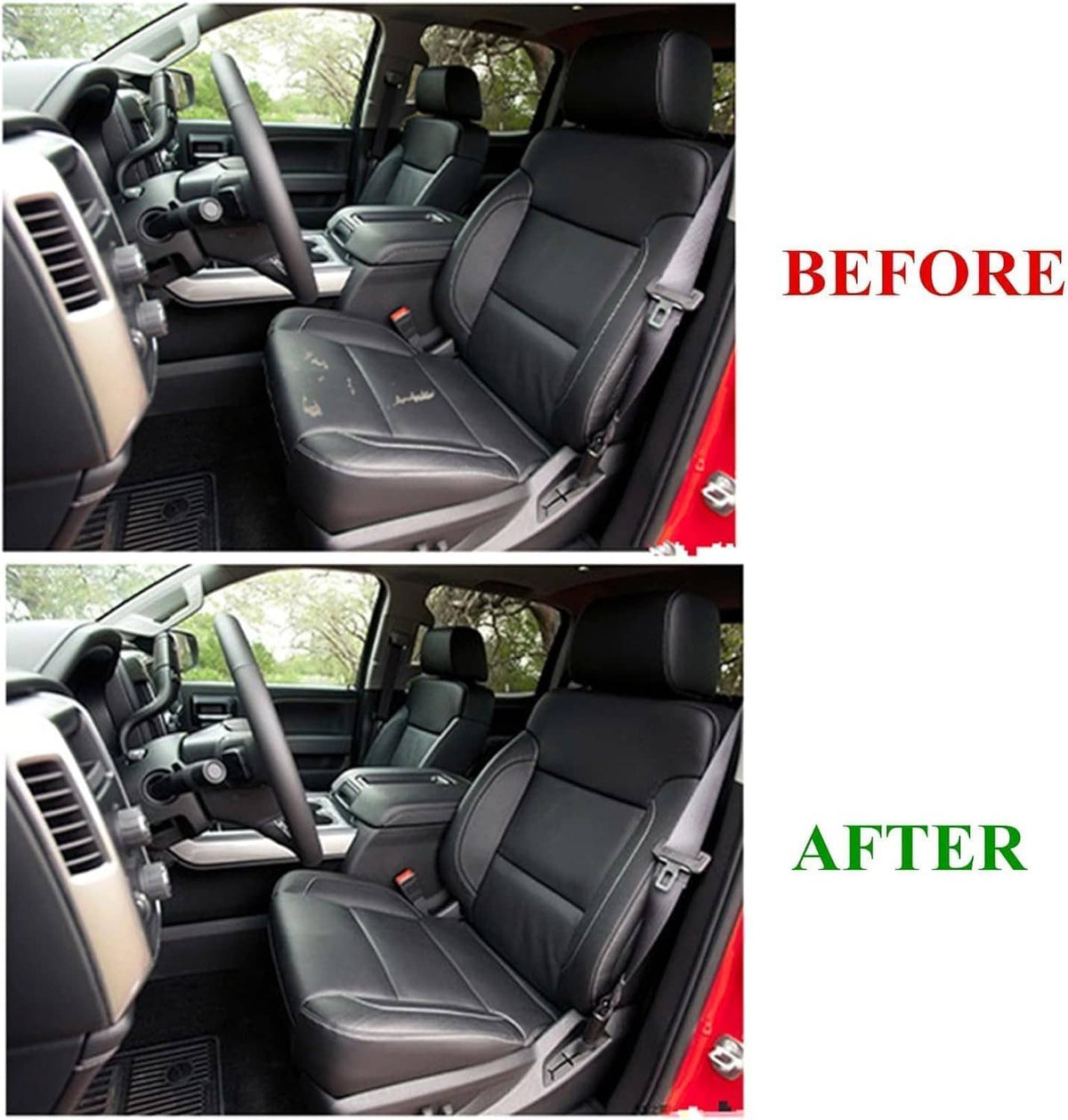 Black perforated leather seat cover bottom installed on front seat, with white stitching