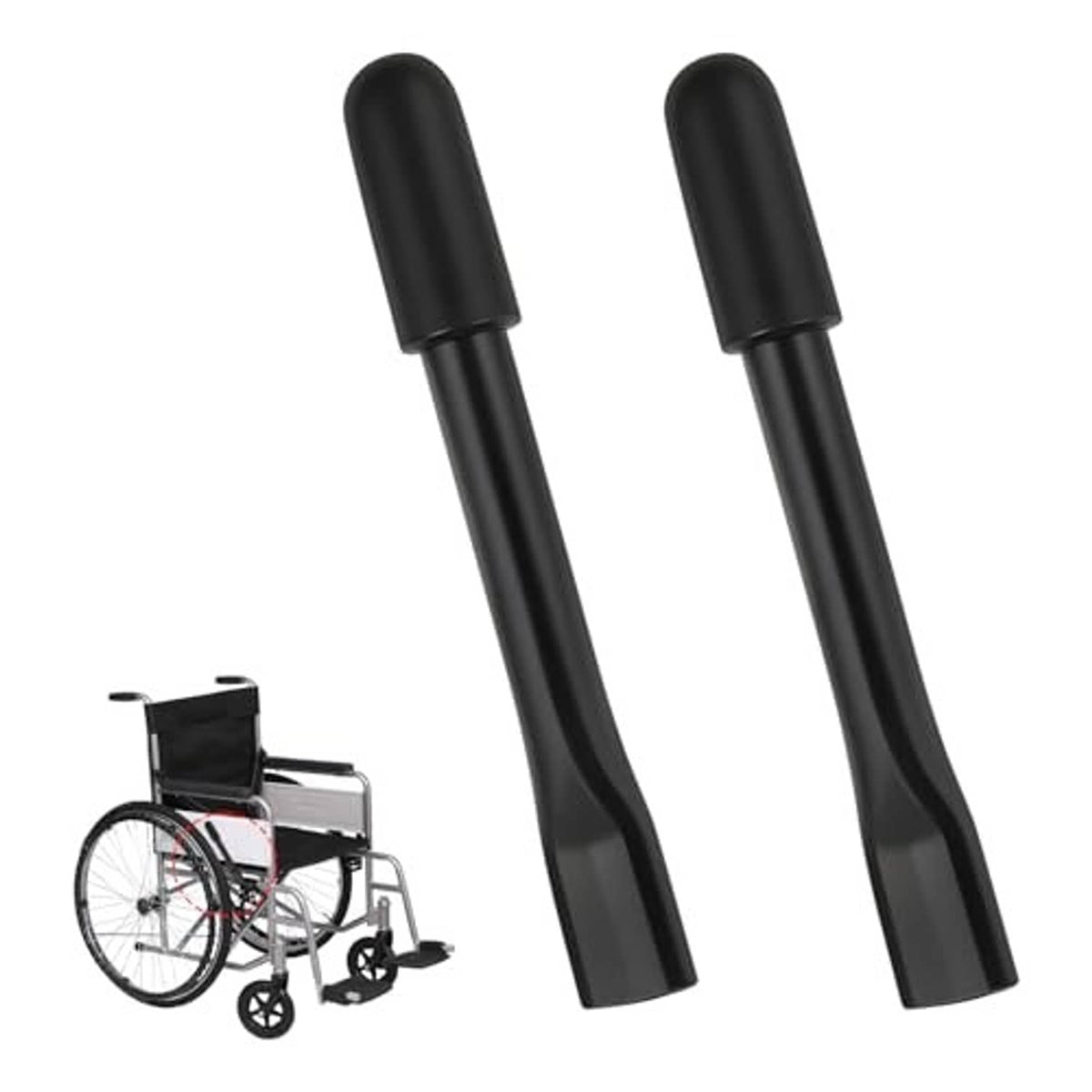 Pair of black wheelchair brake extension rods, side view