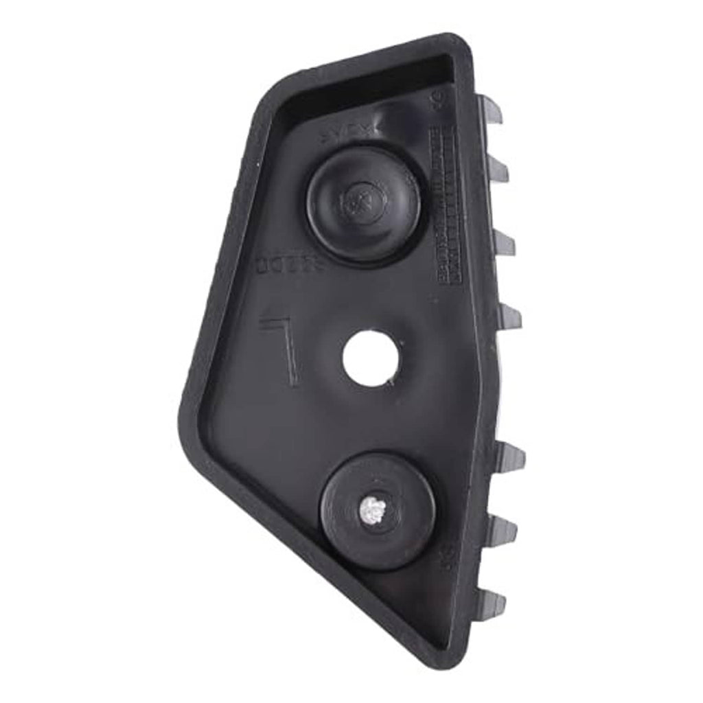 Front bumper support bracket, black plastic with two round caps and serrated side edges