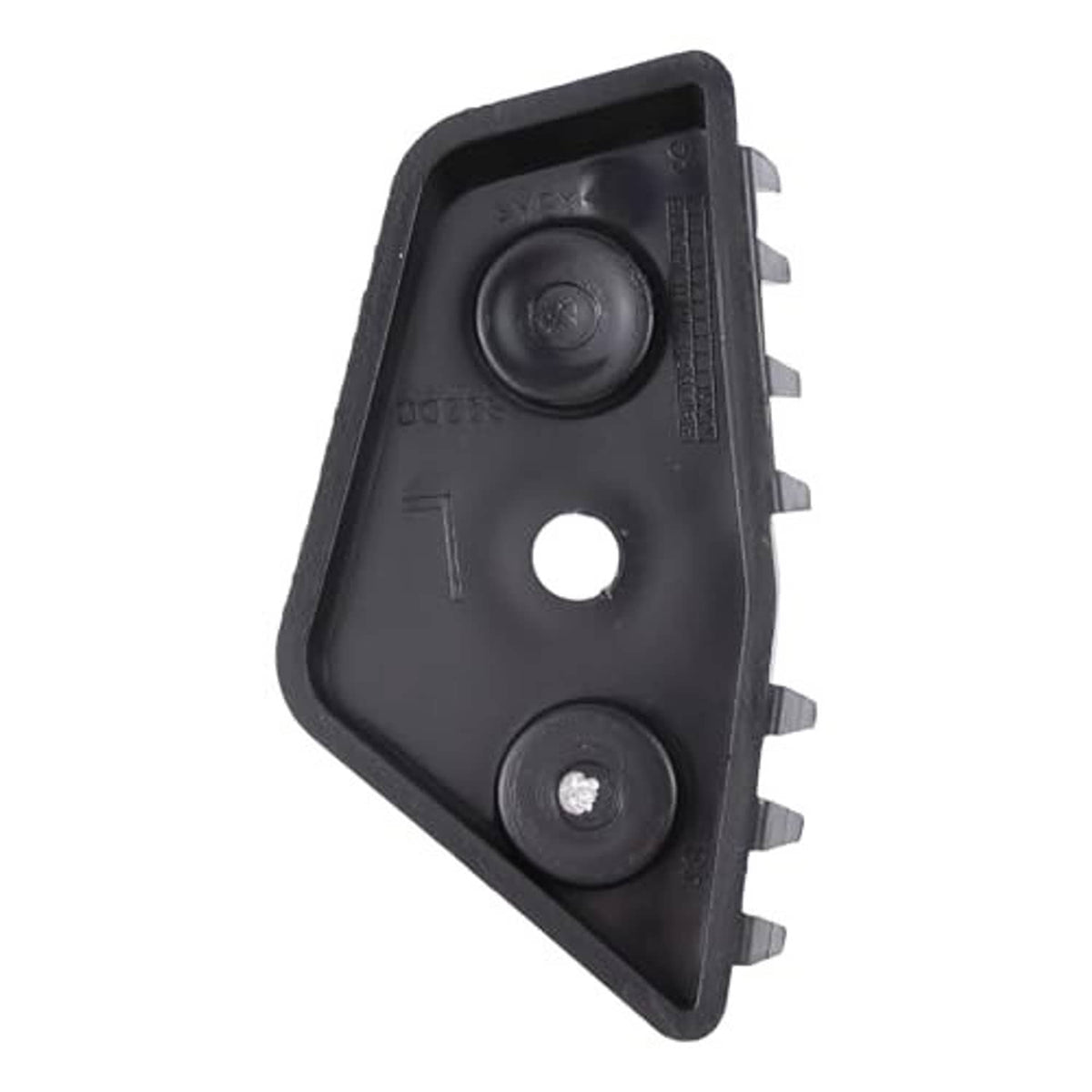 Front bumper support bracket, black plastic with two round caps and serrated side edges