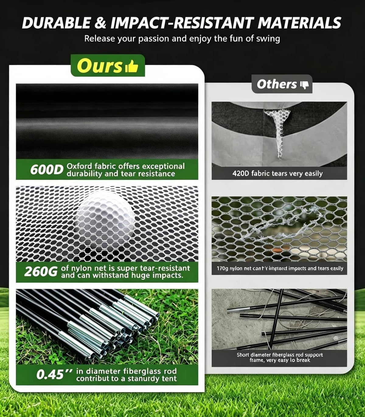 Golf net fabric material panel with hex mesh texture, durability and tear resistance