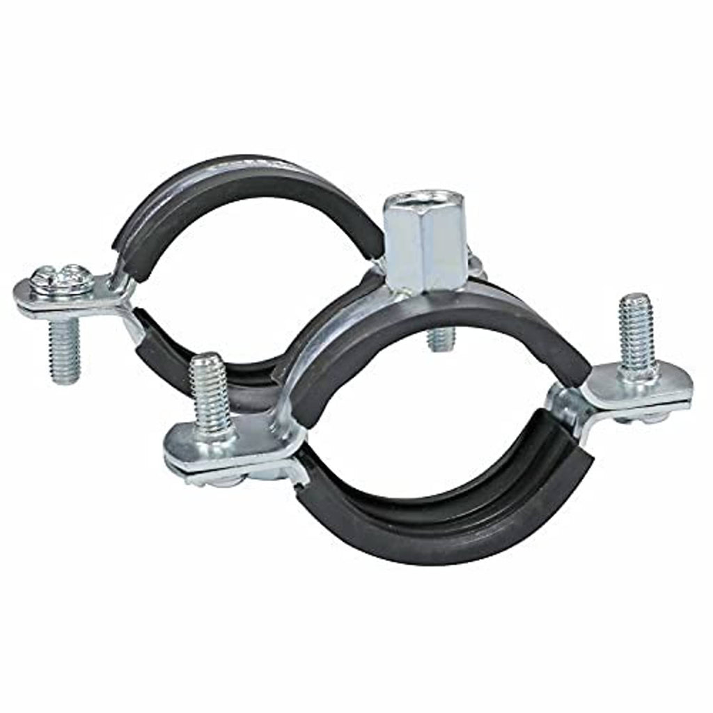 Pair of adjustable split ring pipe hanger brackets with black rubber and galvanized mounting bolts