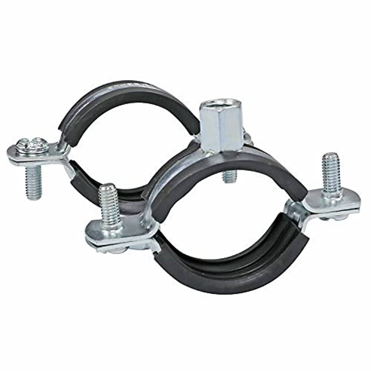 Pair of adjustable split ring pipe hanger brackets with black rubber and galvanized mounting bolts