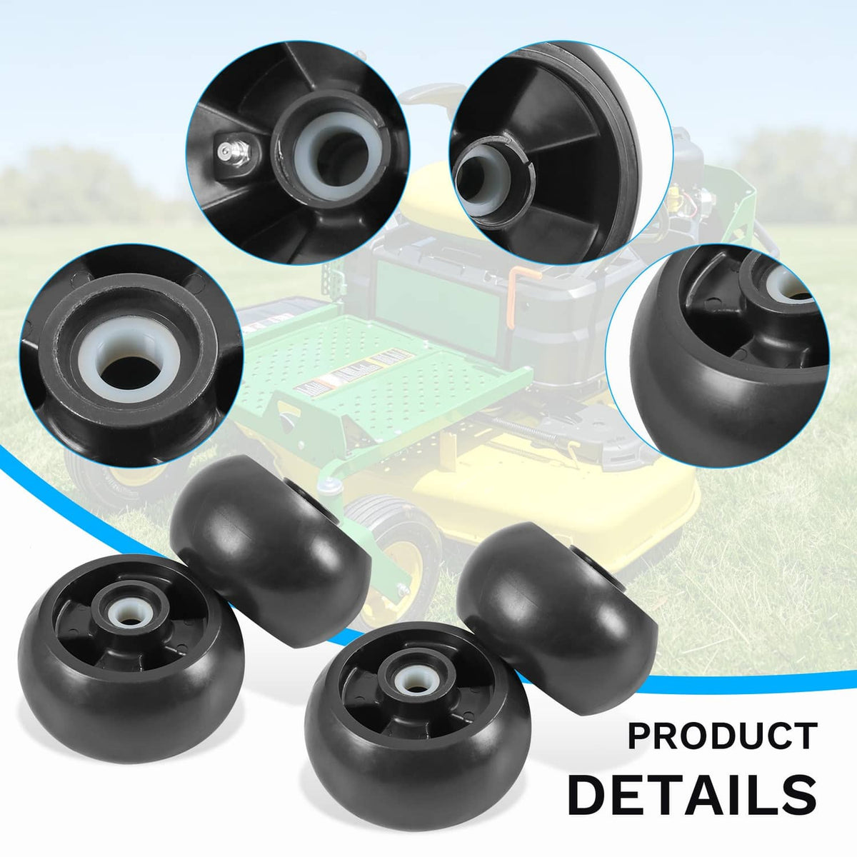 Deck wheel kit with four black wheels and close-up detail of wheel hubs