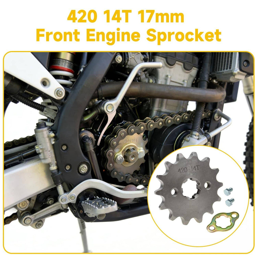 Engine sprocket kit for 420-14T with front sprocket, plate, and bolts (17mm)