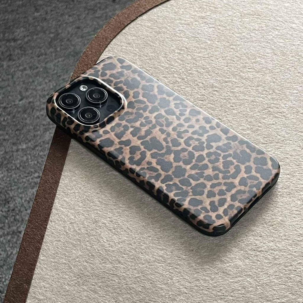 Brown leopard print phone case with camera cutout and curved protective edges