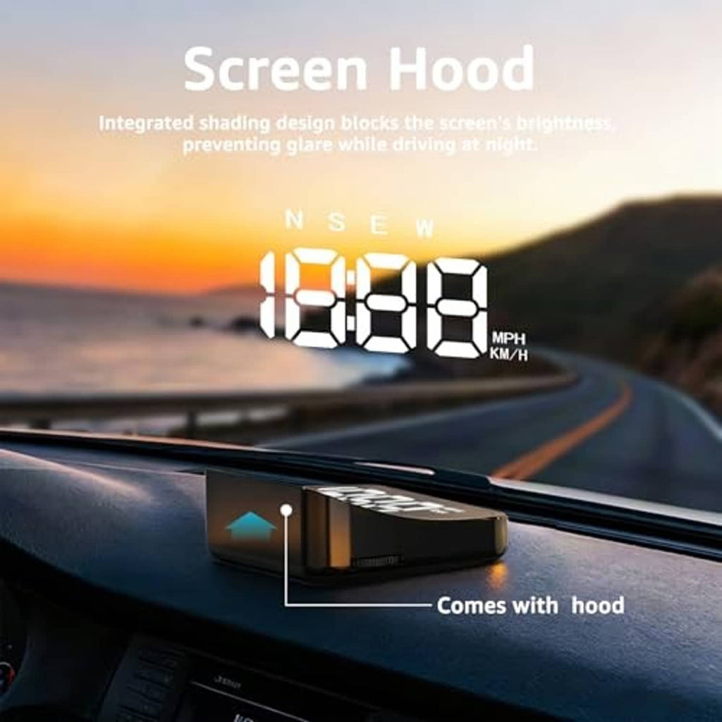 Black heads-up display on dashboard with screen hood over the display