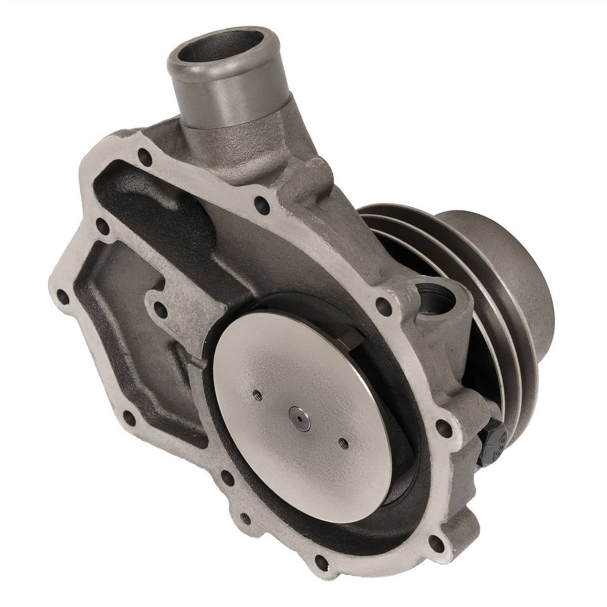 Water pump housing with outlet tube and pulley groove, showing circular cover plate