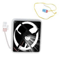 Refrigerator evaporator fan motor with square black housing and cooling fan blades