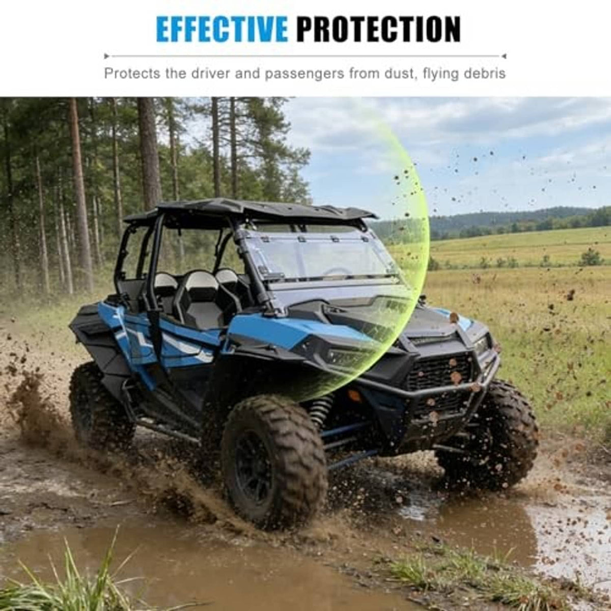 Windshield on a UTV helping block dust and debris while driving off-road