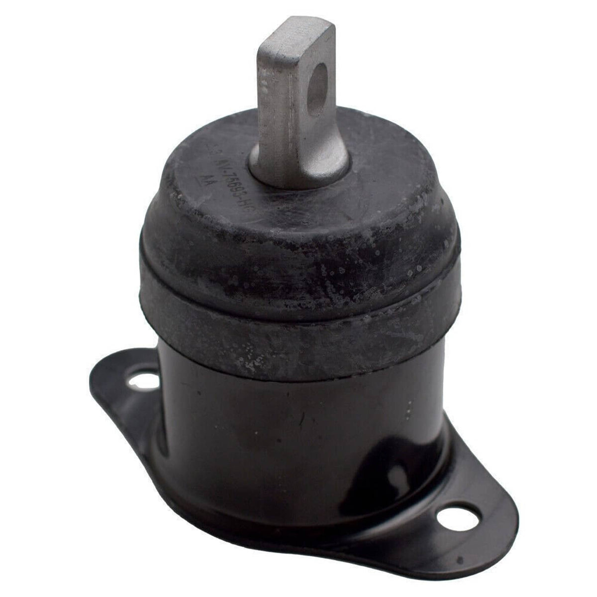 Black rubber engine mount with upright metal stud and round base plate