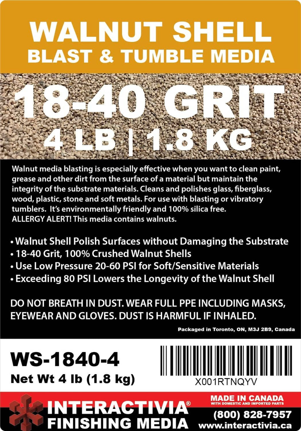 Walnut shell blast and tumble media 18–40 grit, 4 lb (1.8 kg) label