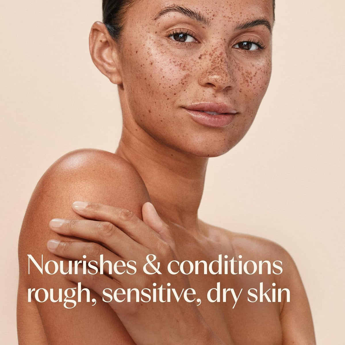 Aveeno body oil sheen on arms and shoulders, smooth moisturized skin look