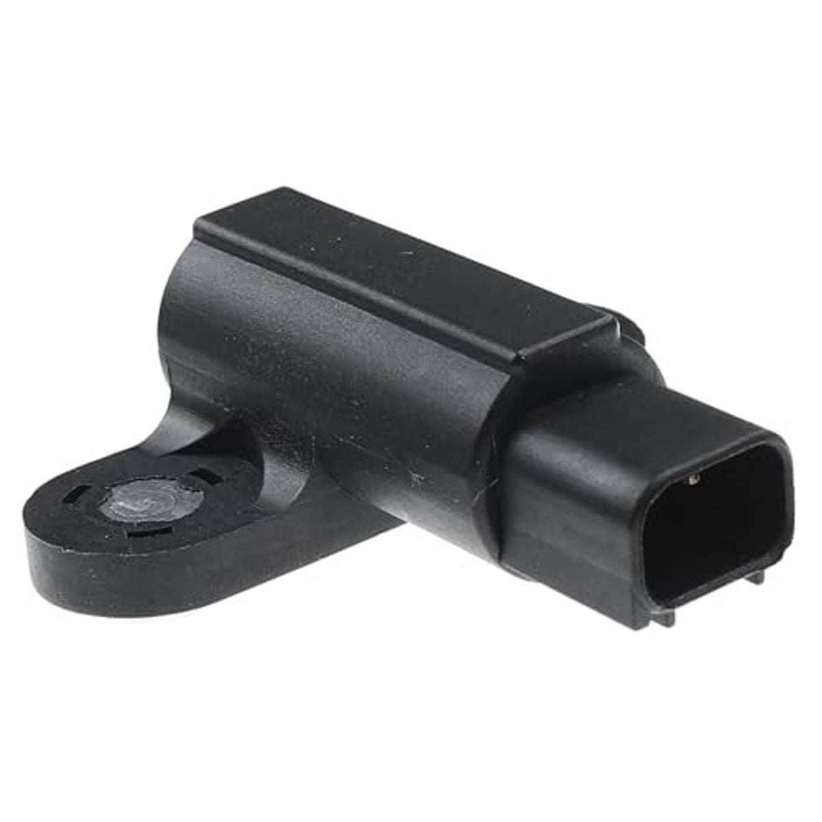 Camshaft sensor with black connector housing and round mounting plate on the arm