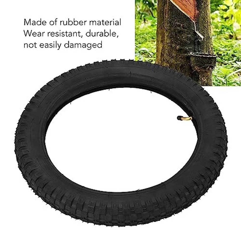 Black 16x2.4 dirt tire with thick sidewall, knobby tread, and valve stem visible