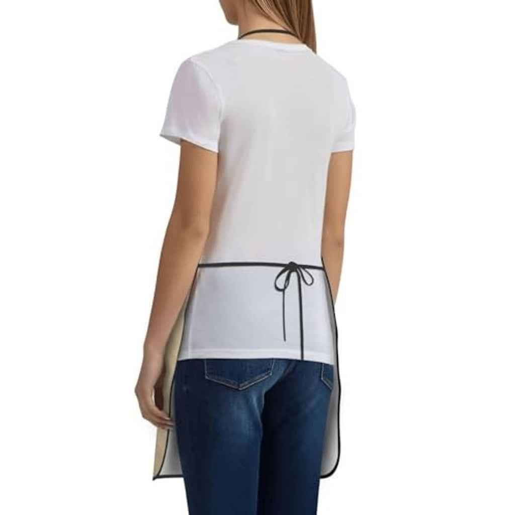 Beige apron back view worn by model; adjustable neck and waist tie