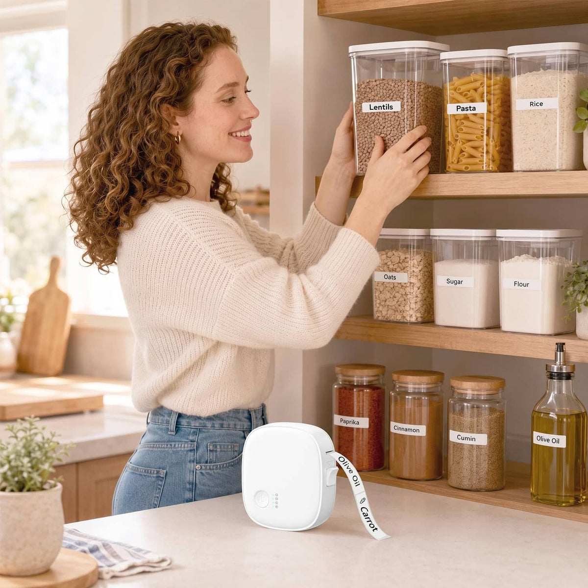 White mini label maker on a counter as a woman labels kitchen pantry jars