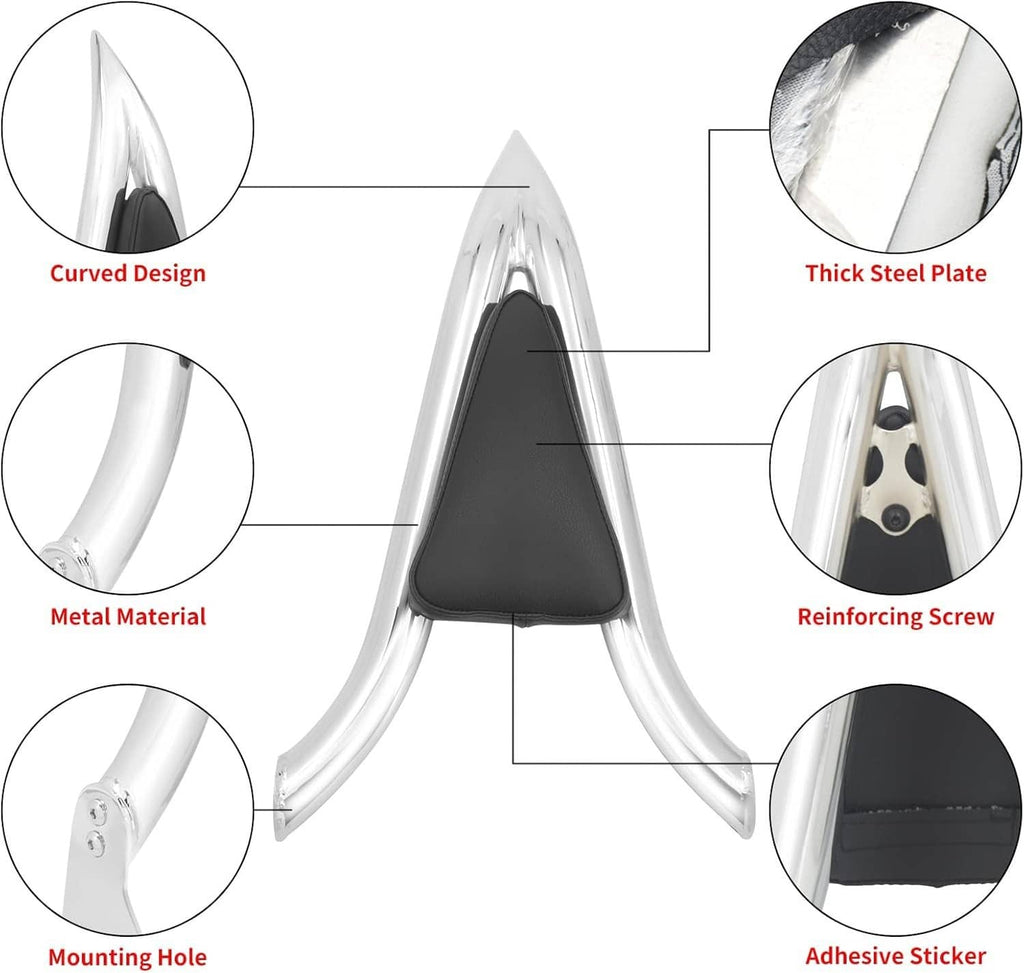 Metal chrome sissy bar backrest with black pad, screws, and mounting holes