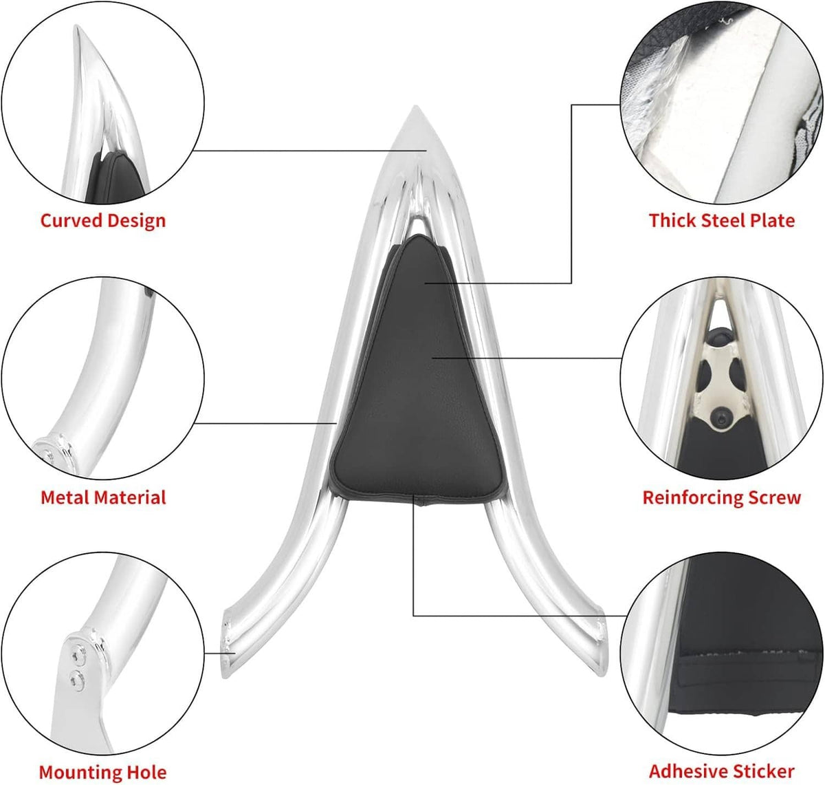 Metal chrome sissy bar backrest with black pad, screws, and mounting holes