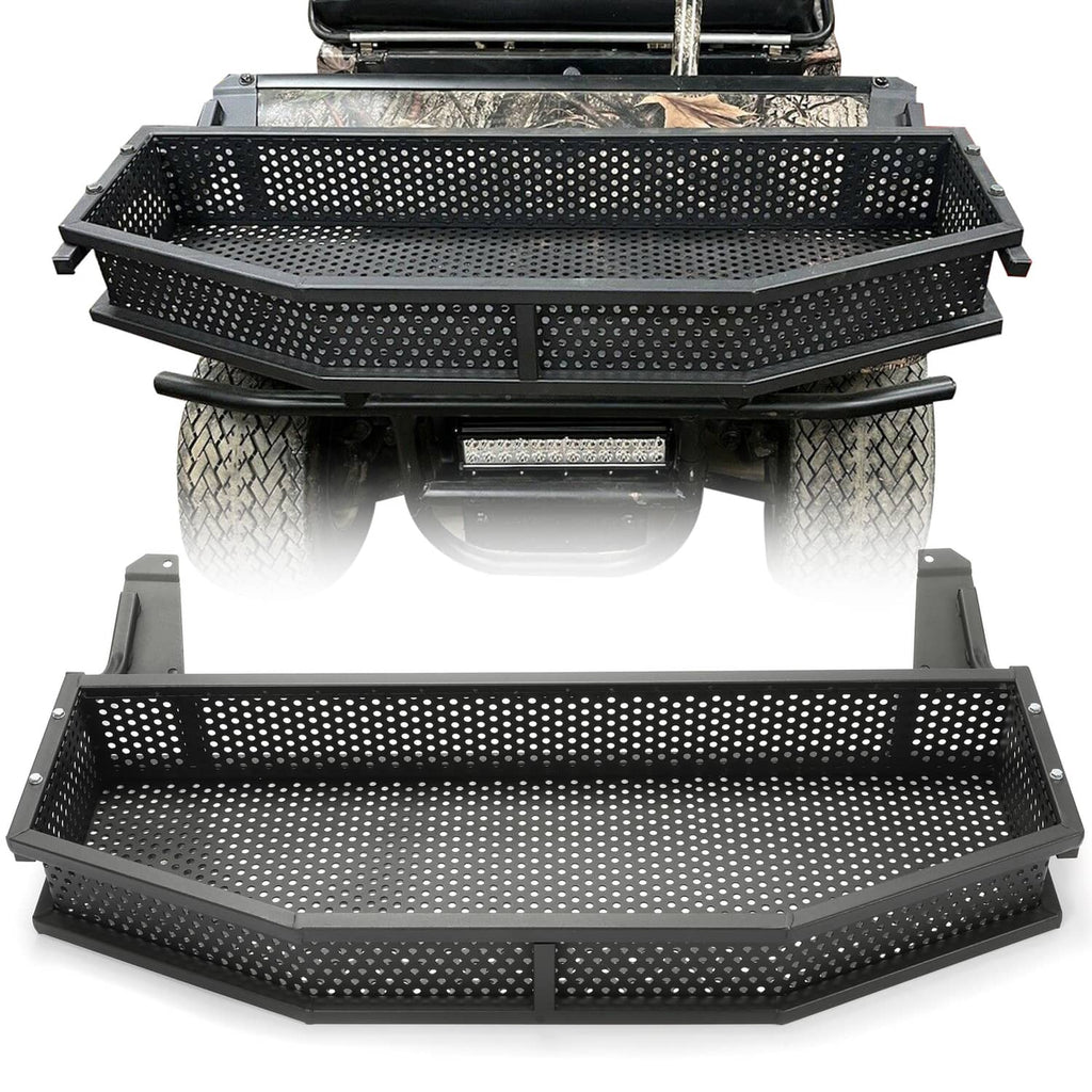 Front utility storage basket with perforated steel sides and raised rim, black finish