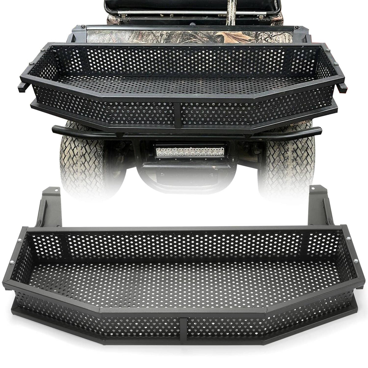 Front utility storage basket with perforated steel sides and raised rim, black finish
