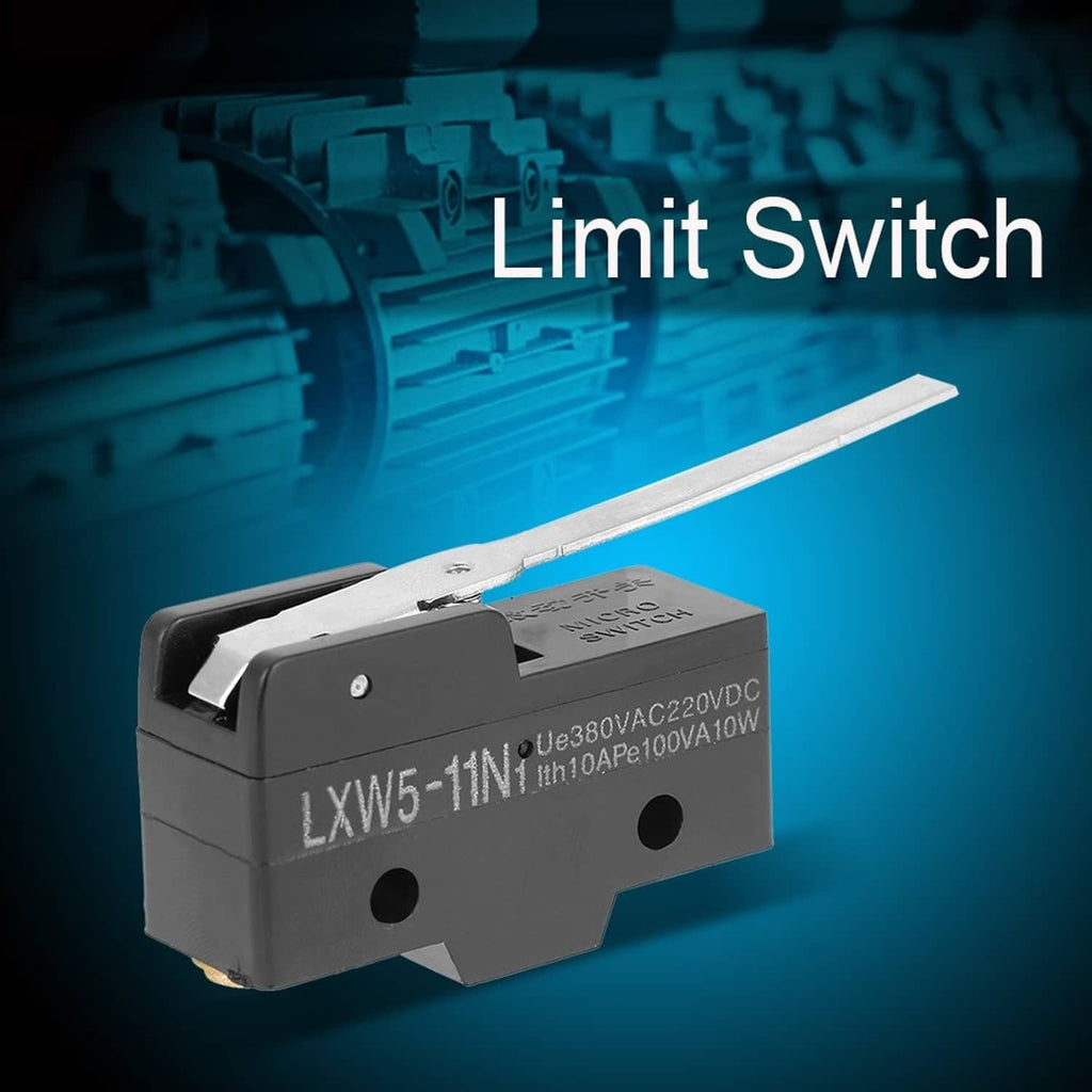 Micro limit switch with long lever on black housing with electrical rating markings