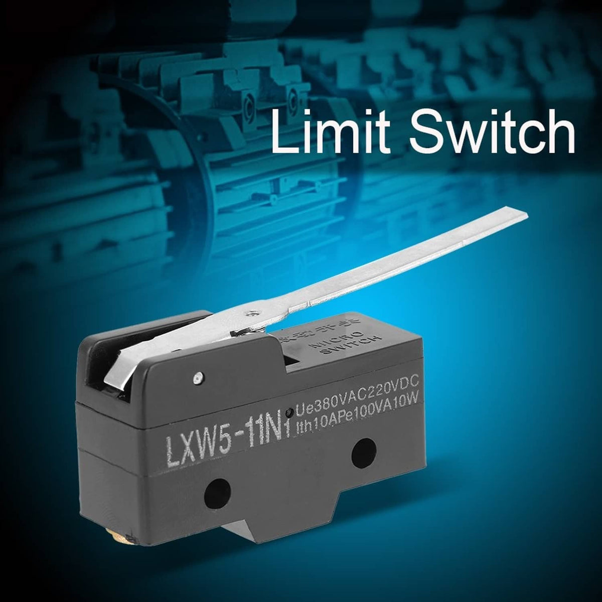 Micro limit switch with long lever on black housing with electrical rating markings