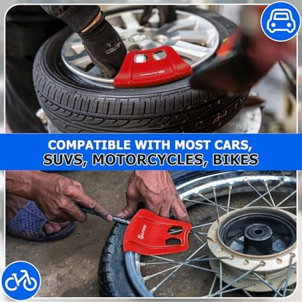 Red rim guard tool placed on a motorcycle wheel rim with protective covering panels.